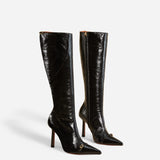 Knee High Pointy Toe Boots Black High Gloss