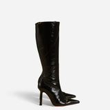 Knee High Pointy Toe Boots Black High Gloss