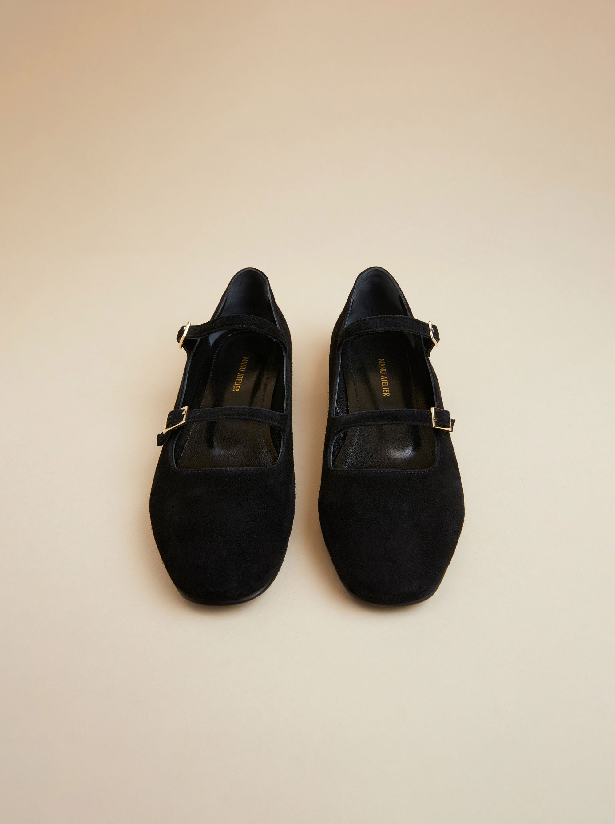 Manu Ballet Flats With Double Belt Black Suede – Manu Atelier