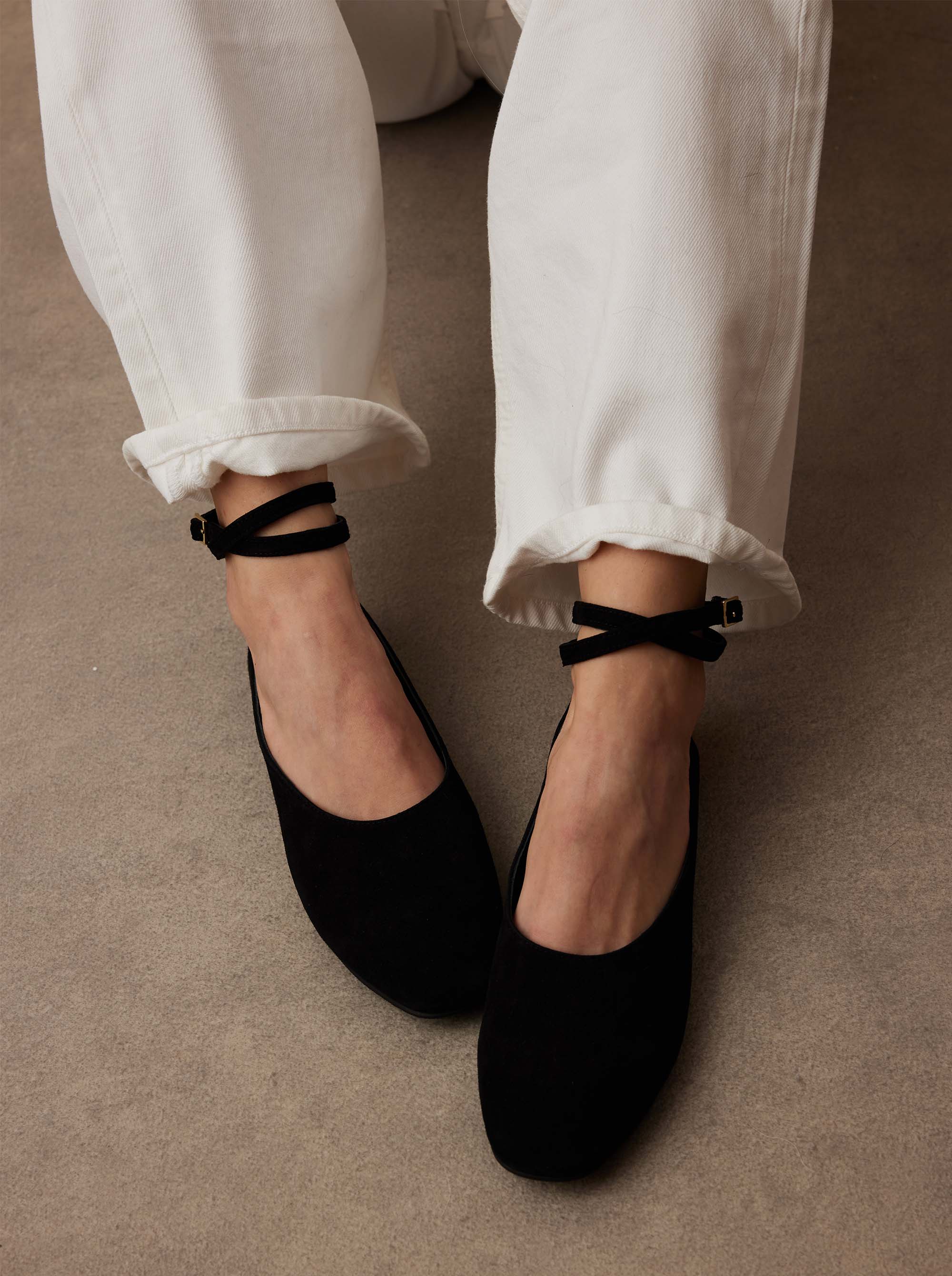 Manu Ballet Flats With Cross Over Ankle Strap Black Suede