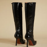 Knee High Pointy Toe Boots Black High Gloss Back