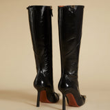 Knee High Pointy Toe Boots Black High Gloss