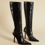 Knee High Pointy Toe Boots Black High Gloss